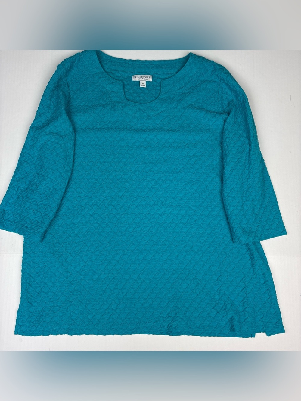 Kim Rogers Women 2X Shirt Teal Blue Green Half Circle Neckline Textured Cotton